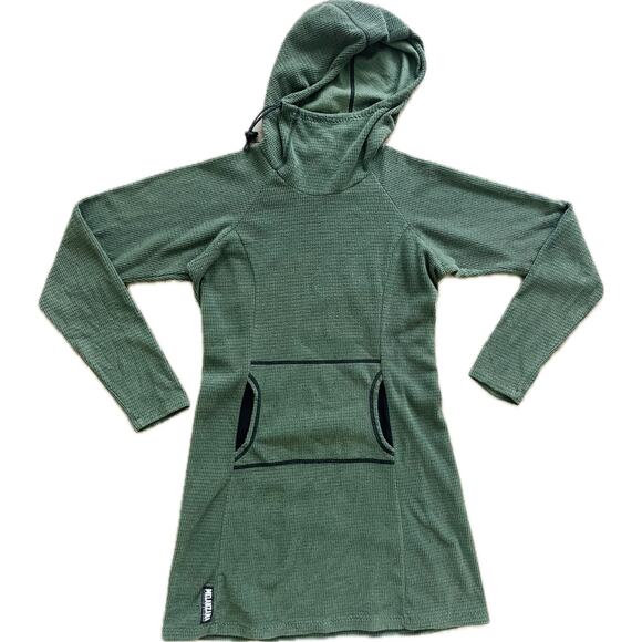 Melanzana Hooded Microgrid Sweatshirt Dress Green Small Gorpcore Fleece Micro - Picture 1 of 7